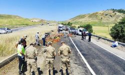 Diyarbakır'da kamyonun tekerleği patlayınca, sebzeler etrafa dağıldı