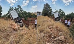 Otomobil fıstık ağacında asılı kaldı
