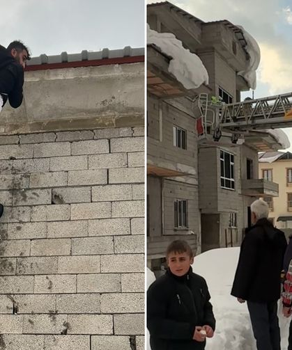 Çatıda asılı kaldı: Yardımına itfaiye yetişti