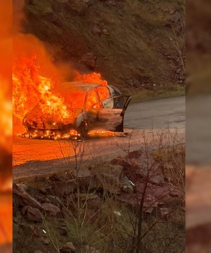 Alev alan otomobil kısa sürede küle döndü