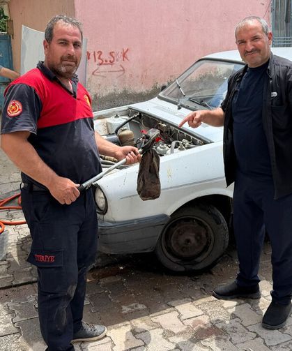 Park halindeki otomobil motoruna yılan girdi