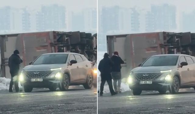 Diyarbakır’da buzlu yolda tır devrildi