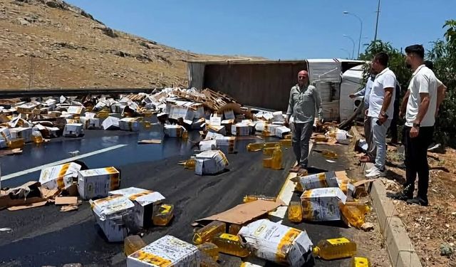 Tır devrildi, yağ bidonları yola saçıldı