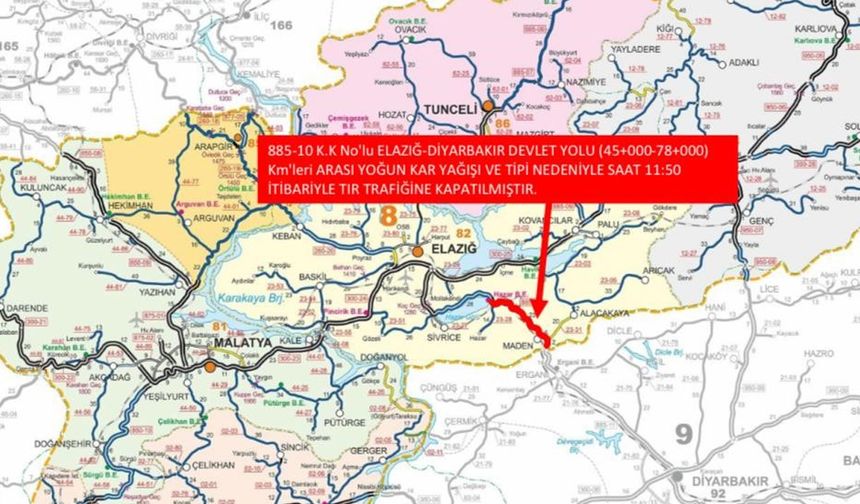 Elazığ-Diyarbakır karayolu ağır taşıt trafiğine kapatıldı