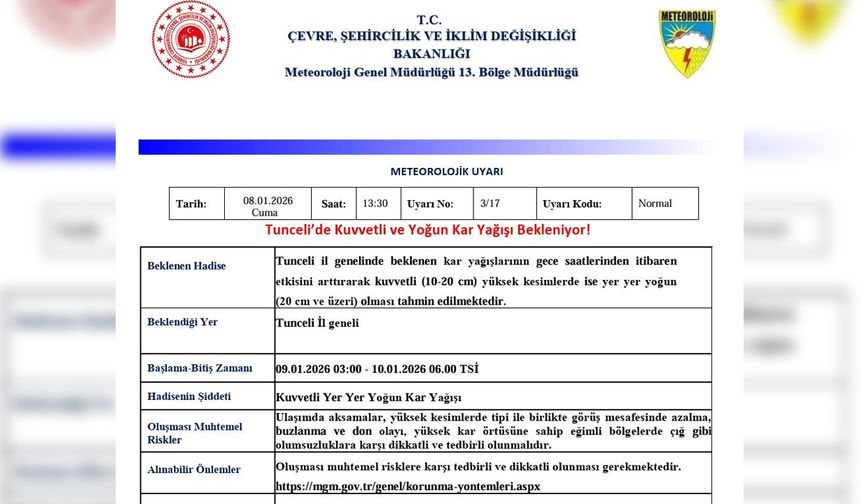 Tunceli için kuvvetli ve yoğun kar uyarısı