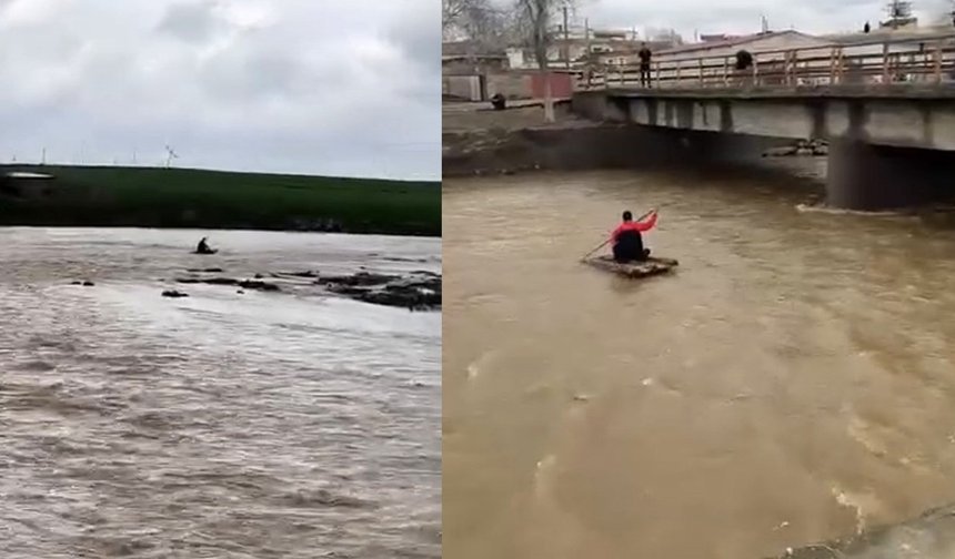 Mardin'de taşan derede sal keyfi