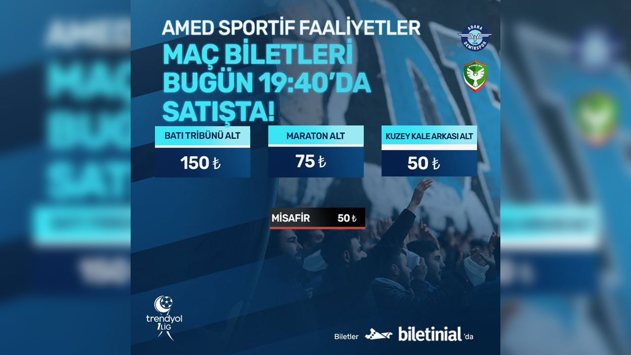 Amedspor'un Adana Demirspor Maçı Biletleri Satışa Çıkıyor