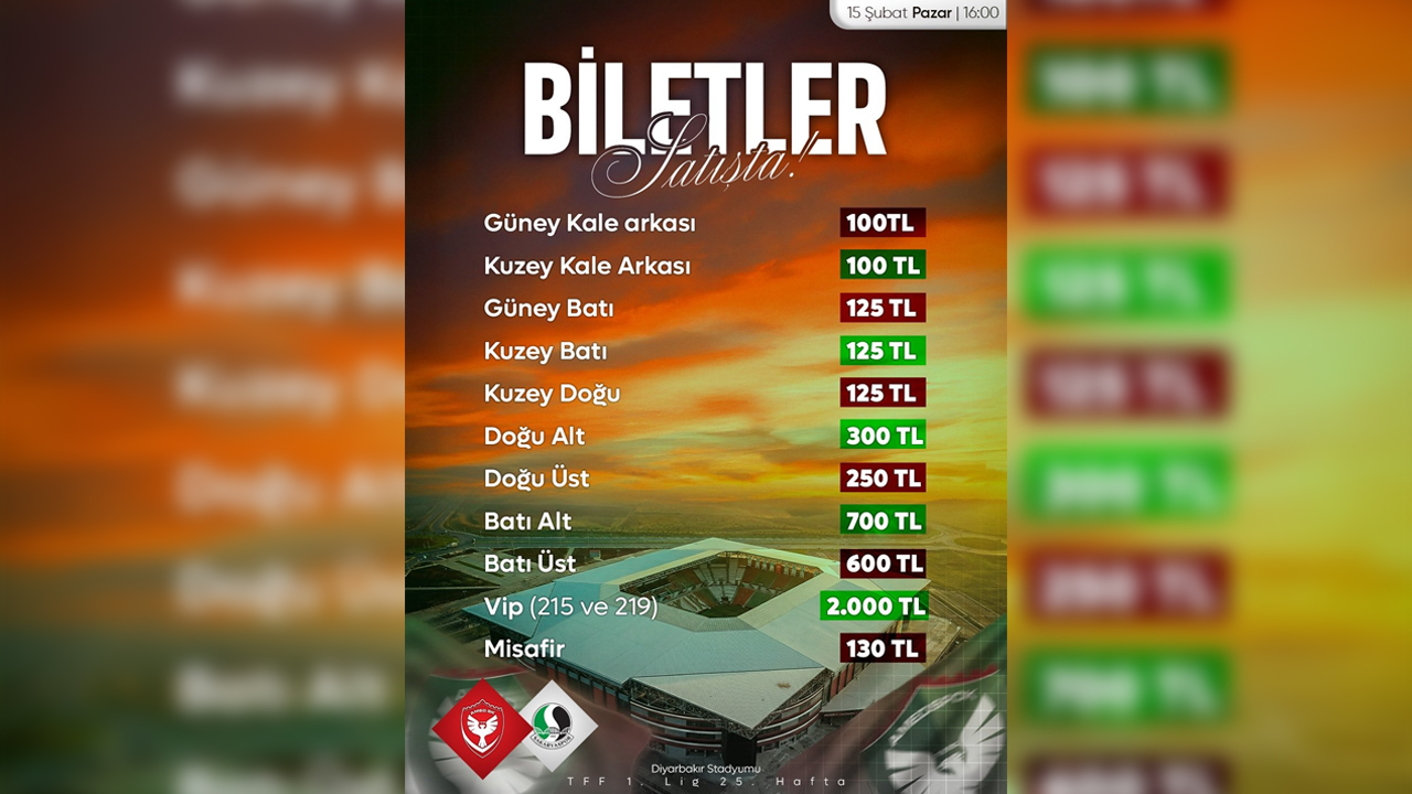 Amedspor Sakaryaspor Maçının Bilet Fiyatları Açıklandı